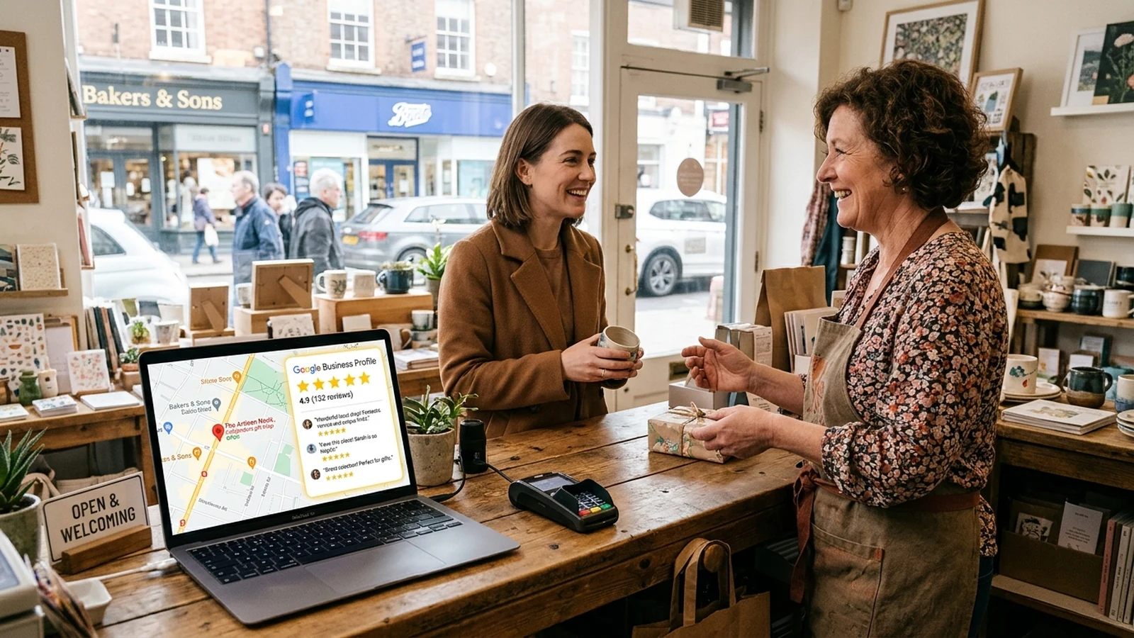 British high street business owner using digital local marketing tools to attract local customers on Google