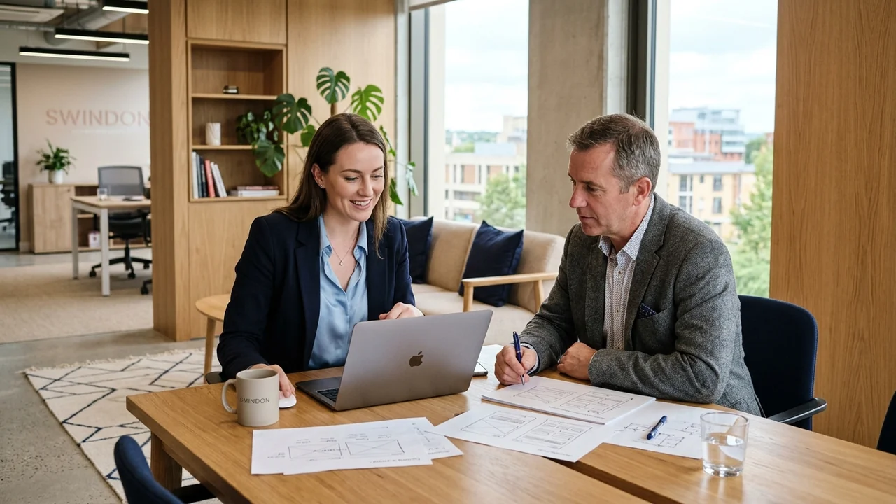 Small business owners discussing website design costs in Swindon