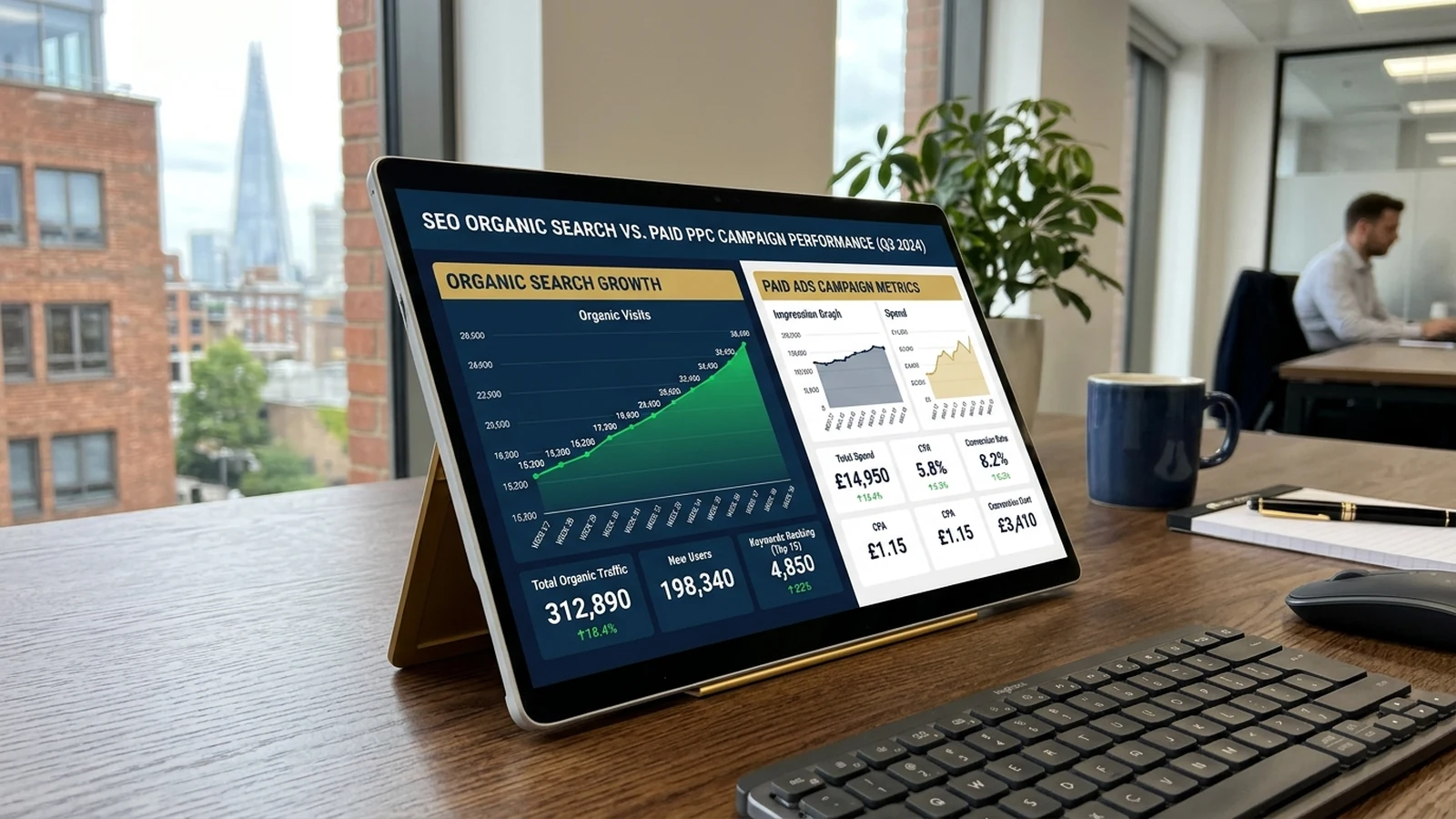Digital analytics dashboard comparing organic SEO search growth with Google Ads pay-per-click performance for a UK business
