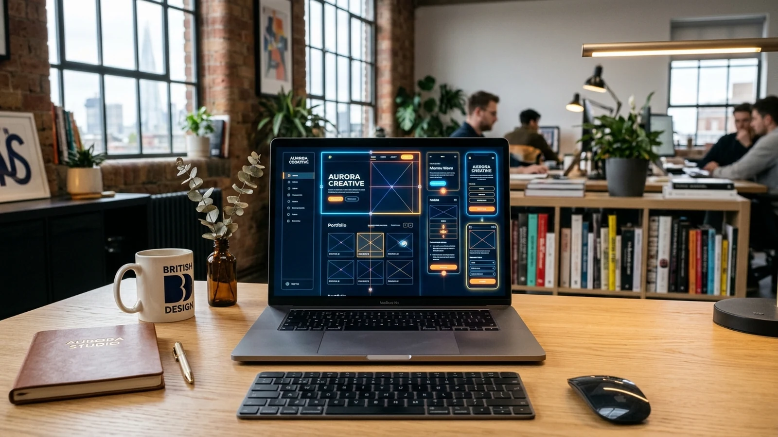 Modern laptop displaying an interactive website redesign interface in a British creative studio