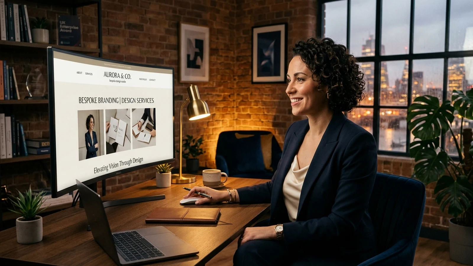 Modern office workspace with responsive multi-device website display showcasing professional digital presence for small businesses